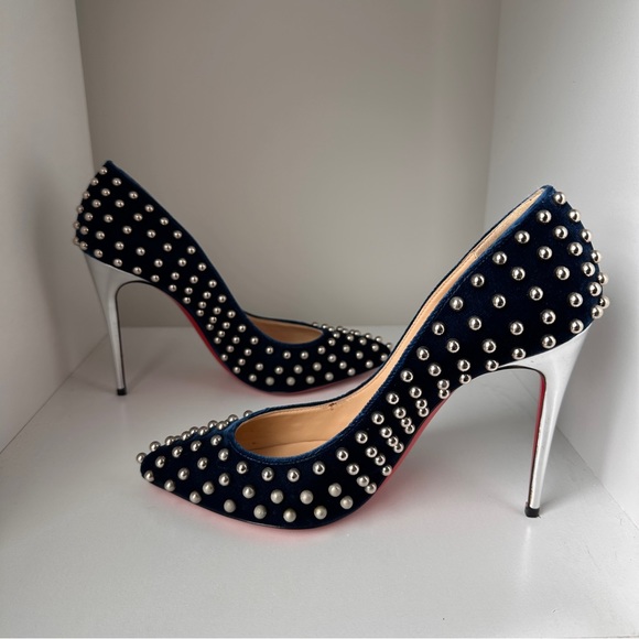 ❌SOLD❌ Christian Louboutin Billy Blue Velvet Studded Heels 37.5 - Picture 5 of 9